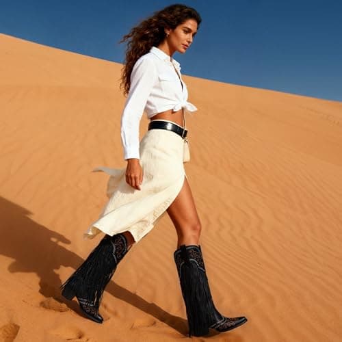 Modatope Cowboy Boots for Women Fringe Knee High Boots Embroidered Cowgirl Western Pointed Toe Chunky Heel Slip on Wide Calf Cowboy Boots