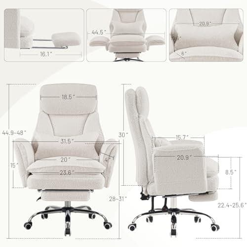 Furniliving Criss Cross Office Chair with Armrests & Wheels, Big and Tall Office Chair with Footrest, Flip Armrests for Pets, Wide Seat Cross Legged Desk Chair, Ergonomic Computer Chair, Teddy, White