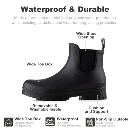 planone Women’s Waterproof Short Rain Boots Durable Comfort-Focused Chelsea Ankle Rubber Boots Non Slip Everyday Outdoor Garden Shoes with Removable Comfort Insole