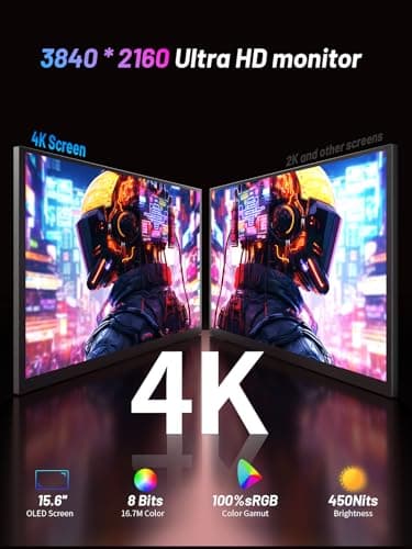 4K Portable Monitor 18.5" 3840x2160 UHD USB-C HDMI for Laptop, 1000:1, 100%sRGB, Built-in Stand & VESA Mount, 8Bit IPS Computer Gaming Display Travel Monitor for Desktop Mac Phones Tablet PS5/4 Switch