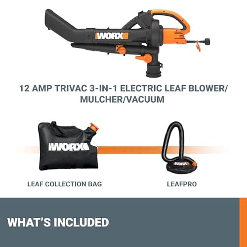 WORX Trivac 3-in-1 Electric Leaf Blower for Lawn Care, Leaf Mulcher/Leaf Vacuum with Bag, 350 CFM & 210 MPH, Leaf Shredder with Metal Impeller, Reusable Bag Included, Corded, WG505.2