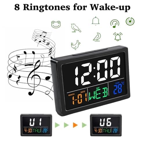 WQV Digital Alarm Clock, 5.5" Large LED Alarm Clock for Bedrooms, Table Desk Clock, with Calendar Date Day Temperature Snooze, Adjustable Alarm Volume & Brightness, Gift for Students Elderly