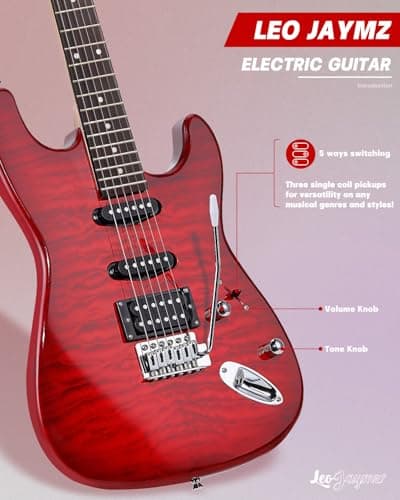 Leo Jaymz 39" Full Size ST Style Electric Guitar Starter Kit with SSH Pickup, 5W Portable Amp, Tuner, Gig Bag, Strap & Accessories (Red Ocean 5W)