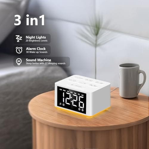 【3 in 1】 Sound Machine Dual Alarm Clock Night Light White Noise Machine 27 Sleeping Sounds for Adults Kids Precise 32 Level Volume Sleep Timer Memory Function Digital Clock with 30 Wake Up Sounds