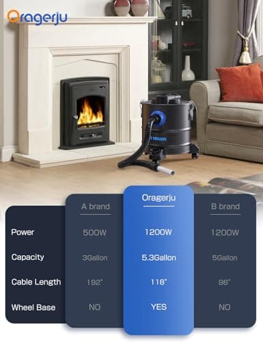Oragerju Ash Vacuum, Pellet Stove Vacuum Cleaner, 5.3 Gallon, 20kPa, 1200W Powerful Motor with Blower Function, On Wheels and HEPA Filter, The Ash Vacuum for Pellet Stoves & Wood Stoves
