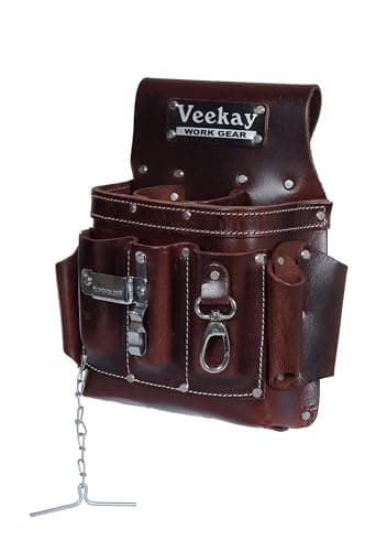 VEEKAY Electrician's Leather Tool Pouch – 10 Pocket Full Grain Leather Organizer for Electricians, Carpenters & Construction Workers – Durable, Heavy-Duty Utility Pouch (Brown/Black)