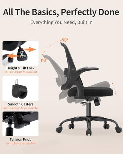 Ergonomic Mesh Office Chair with Flip-Up Arms, Adjustable Height, Breathable Mesh Back & Thick Cushion Seat, 360° Swivel Rolling Computer Desk Chair, BIFMA Certified, Supports 300 lbs (Black)
