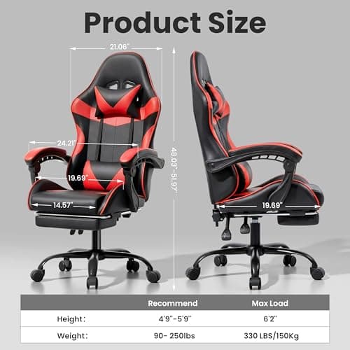 Gaming Chair, Ergonomic Computer Chair with Footrest and Lumbar Support, Height Adjustable Office Chair with 360° Swivel Seat and Headrest (Red & Black)