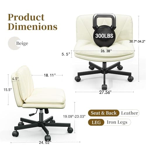 DurayLoly Criss Cross Chair with Wheels, Cross Legged Office Chair, Armless Wide Vanity Desk Chair with 2 Layer Scratch-Resistant Pu Leather Swivel for Home Office Bedroom,Beige