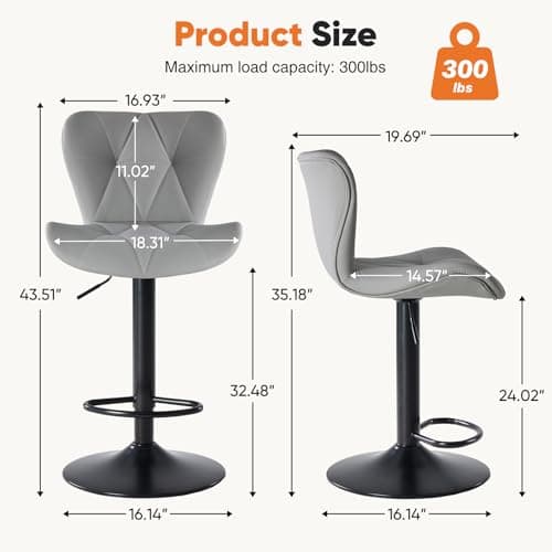 Sweetcrispy Modern Bar Stools Set of 4, Adjustable Faux Leather Upholstered Swivel Bar Stools, Counter Height Bar Chairs with Back for Kitchen Island, Grey