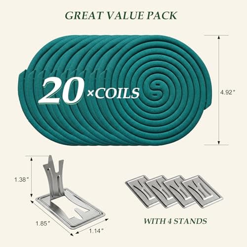 KICKOUTOR Mosquito Repellent Incense Coils with Natural Citronella Oil, 20 Coils & 4 Stands, DEET-Free Outdoor Protection for Patio, Backyard & Camping, Burns 5-7 Hours Against Gnats & No-See-Ums