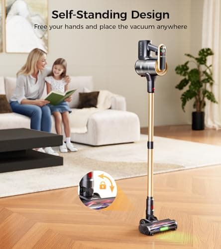 RENDOW Cordless Vacuum Cleaner, 65Mins 550W 45Kpa Stick Vacuum, Self-Standing Vacuum Cleaners for Home with LED Display, Anti-Tangle Rechargeable Vacuum Cordless for Pet Hair/Carpet/Hard Floor