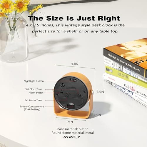 AYRELY® 3.5 Inch Small Analog Alarm Clocks,Battery Operated Desk Clock,Cute Table Clock with Light，Adjustable Angle for Travel,Bedside,Bedroom,Kids,Living Room Decor(Orange)