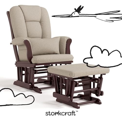 Storkcraft Tuscany Custom Glider and Ottoman with Free Lumbar Pillow (Espresso/Taupe Swirl) - Cleanable Upholstered Comfort Rocking Nursery Chair with Ottoman