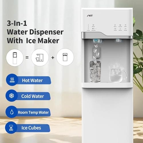 IKT 4-in-1 Hot/Cold Water Cooler with Ice Maker, 5 Gal, Bottom Load, Bullet Ice 22lbs Per Day Innovative Slim & Sleek Design for Home or Office White