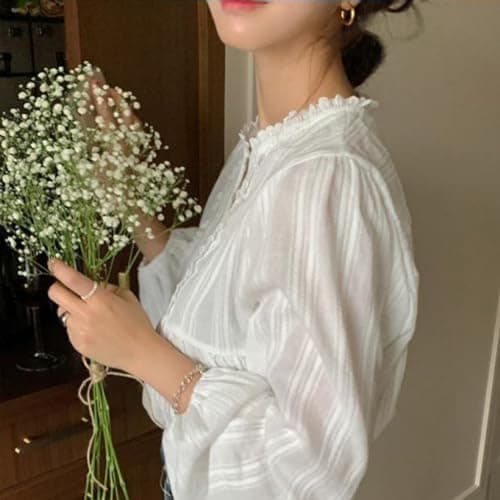 UICIOP Korean Version of Women's Shirt, Women's Sweet Round Neck Pleated Small lace top, Women's Long Sleeved Shirt top