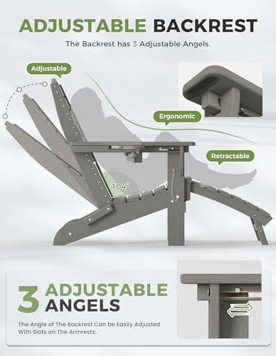 Ciokea Folding Adirondack Chair with Retractable Ottoman Fire Pit Patio Chair with Pull Out Foot Rest Weather Resistant Lawn Outdoor Lounge Chair with 2 Cup Holder (Grey)