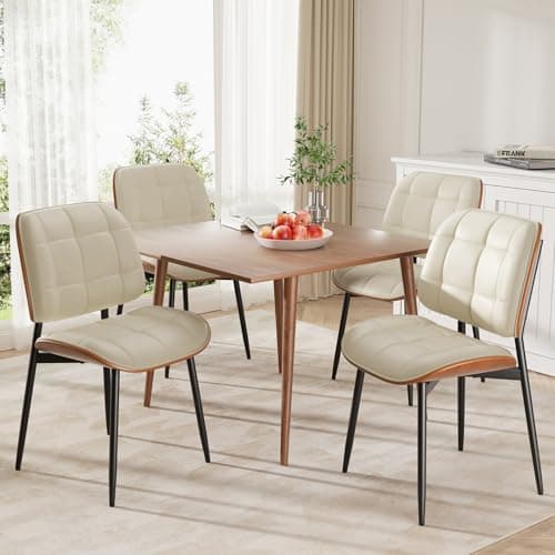 Dining Chairs Set of 2, Mid Century Modern Dining Room Chair with Thick Cushion, Upholstered Faux Leather Kitchen Chairs with Walnut Bentwood Back for Kitchen Dining Room, Beige