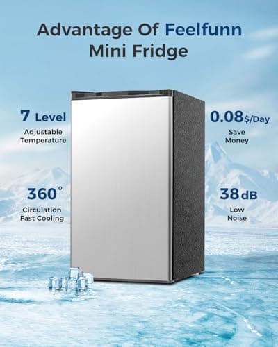 Feelfunn Mini Fridge with Freezer - 3.2 Cu.Ft Single Door Mini Refrigerator with Adjustable Thermostat, Low Noise, Energy Saving, Small Fridge for Bedroom, Apartment, Dorm, Classroom, Office - Silver