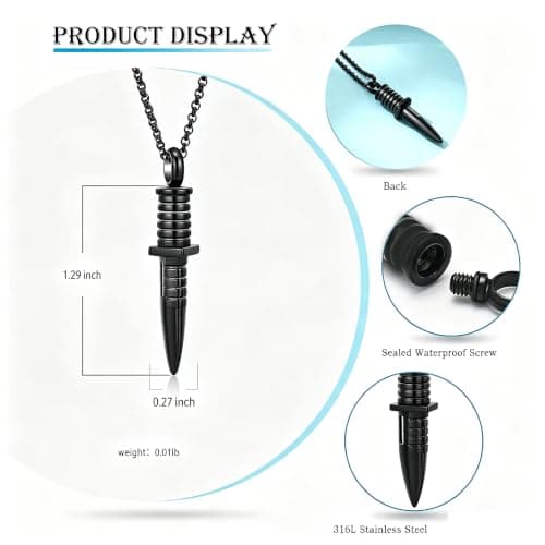 Stainless Steel Memorial Necklace Keepsake Pendant Ash Holder for Pet Human Urn Jewelry Funeral Memorial Gift with Fill Tool Hearbeingt Knife Dagger Urn Necklaces for Men Cremation Jewelry for Ashes B076WW6TZR