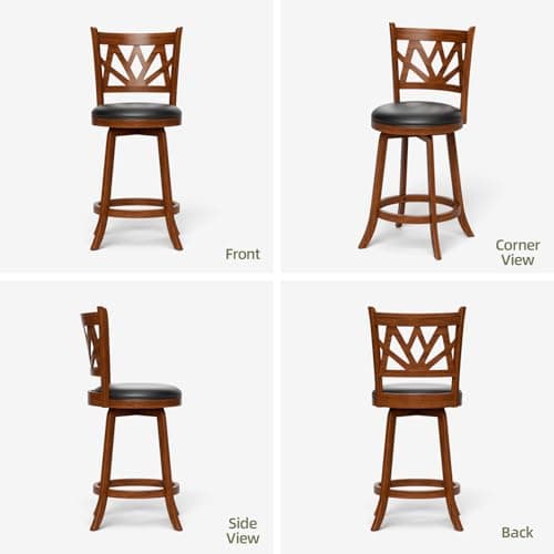 Swivel Barstools Set of 4, Farmhouse 24" Counter Height Bar Stools with Backs, Lotus Pattern Carved Bar Chair with Solid Wood Legs & Footrest for Kitchen Island, Home Bar, Pub. Brown