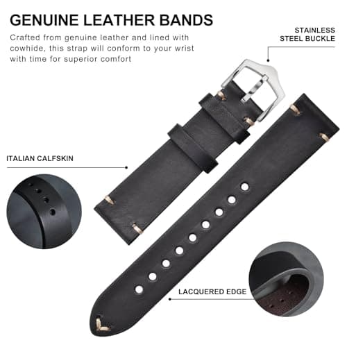 BISONSTRAP Men's Watch Bands, Hand-Stitched Leather Watch Straps, Quick Release, 18mm 19mm 20mm 21mm 22mm