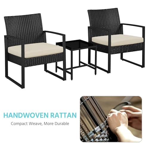 Yaheetech 3 Pieces Rattan Bistro Set, Outdoor Wicker Patio Modern Conversation Furniture, 2 Chairs & Tempered Glass Coffee Table for Garden, Balcony, Backyard, Poolside, Black/Beige