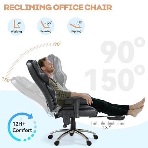 Massage Office Chair with Foot Rest, Ergonomic Executive Heated Office Chair with Reclining Backrest, Adjustable Arms and Lumbar Support, High Back Leather Desk Chairs for Home Office, Black