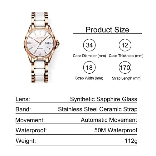 OLEVS Womens Big Face Automatic Watch, Diamond Accented Self Winding Dress Watch for Women, 50M Waterproof Day-Date Sapphire Crystal, Two Tone Stainless Steel Ceramic Band, White/Blue/Green/Red Dial