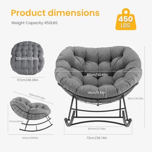 Outdoor Rocking Chair with 5.5" Thick Cushion, Oversized Egg Lounge Chair with Water-Repellent & UV-Resistant Fabric, 450 Lbs Heavy Duty for Patio, Living Room, Garden, Bedroom