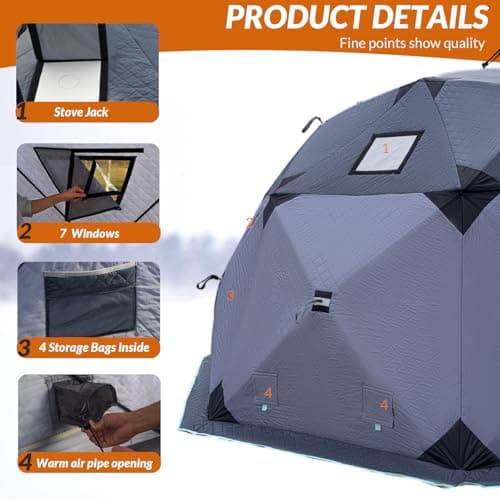 QualyQualy Insulated Pop-Up Tent with Floor - 8-10 Person Ice Fishing Shelter, 147sq.ft Windproof Ice Shack Hut with Stove Jack, Carrying Bag