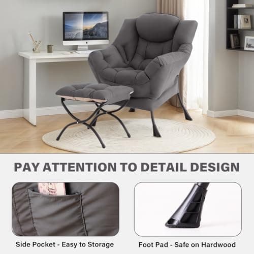 Tiita Modern Large Accent Chair with Ottoman, Comfy Leisure Sofa Armchair with Footrest, Reading Chair for Bedroom, Living Room, Dorm Rooms, Garden Dark Grey