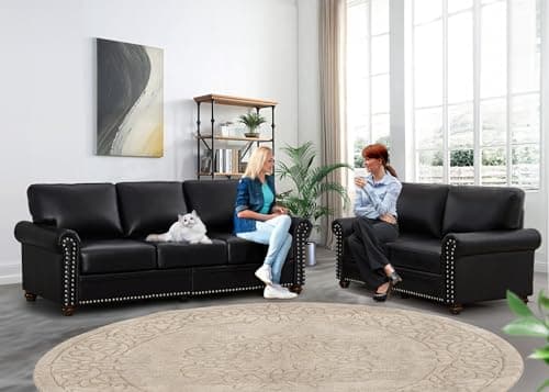 2 Piece Faux Leather Sofa Set,Modern Couch and Loveseat Sets with Storage,Mid Century Couch with Rivet Rolled Arm,Comfy Deep Seat Sofa,Furniture for Living Room,Office(Loveseat+3 Seater,Black)