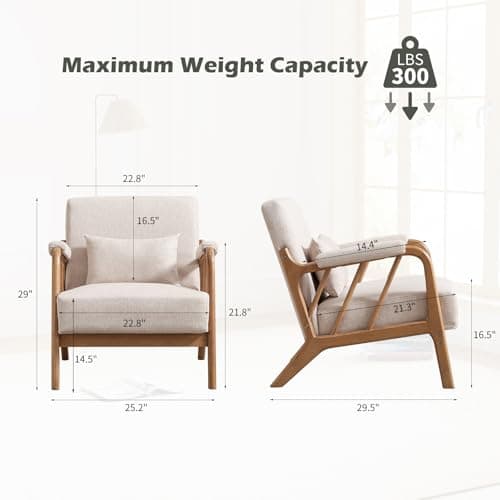IOMOR Mid Century Modern Accent Chair with Solid Wood Frame Linen Fabric, Upholstered Living Room Chairs with Lumbar Cushion Padded Arms, Reading Armchair for Bedroom (1, Warm Beige)