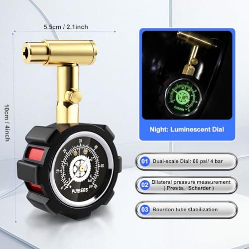 Schrader and Presta Bicycle Tire Pressure Gauge 60 PSI / 4 Bar, Tire Air Pressure Gauge Luminous Dial, Suitable for Car, Motorcycle, Bike, SUV