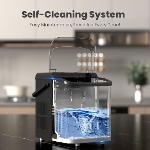 DUMOS Countertop Ice Maker with Handle, 26lbs/24H Portable Ice Machine, 9 Bullet Ice Cubes Ready in 6 Mins, Self-Cleaning, Quiet Compact Ice Maker for Home, Kitchen, RV, Camping, Modern Black