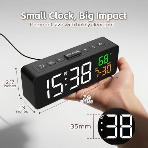Netzu 3-in-1 Digital Clocks for Living Room with Temperature, Date & Time Display - 4 Levels Birghtness, 3 Volumes, Small & Compact Plug-in Alarm Clock for Bedroom, Office (Black)