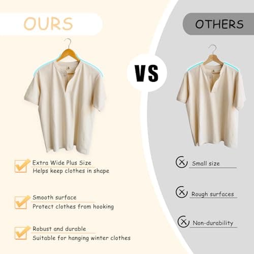 Urby Extra Wide Hangers for Plus Size Clothes, Ganchos para Colgar Ropa,19 Inch Plus Size Hangers Ideal for XL, XXL Shirts, Coats, Dresses, Etc. Wood. Natural 10pk