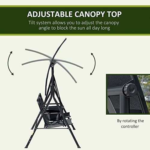 Outsunny 2-Seater Patio Swing Chair, Outdoor Canopy Swing Glider with Pivot Storage Table, Cup Holder, Adjustable Shade, Bungie Seat Suspension and Weather Resistant Steel Frame, Black