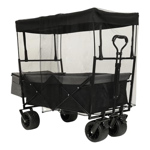 480Lbs Collapsible Wagon with Canopy Steel Black Large Capacity for Camping, Shopping, Sports, Garden Use Mosquito Net Outdoor-Ready