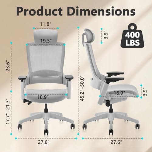 CLATINA Ergonomic High Swivel Executive Chair with Adjustable Height Head 3D Arm Rest Lumbar Support and Upholstered Back for Home Office Gray Mesh/High Back
