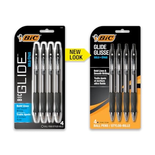 BIC Glide Bold Black Ballpoint Pens, Bold Point (1.6mm), 4-Count Pack, Retractable Ballpoint Pens With Comfortable Full Grip