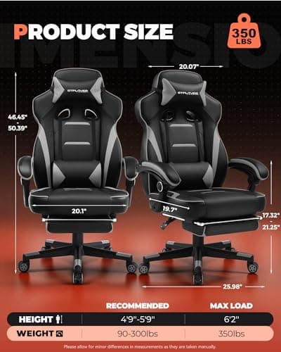 GTPLAYER Gaming Chair for Adults, Big and Tall 350LBS Heavy Duty Office Chair, Ergonomic High Back Lumbar Support and Recliner for Back Pain Relief, Sky Gray