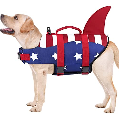 Malier Dog Life Jacket, High Buoyancy Shark Swimsuit, Ripstop American Flag, Medium, Red & Dark Blue