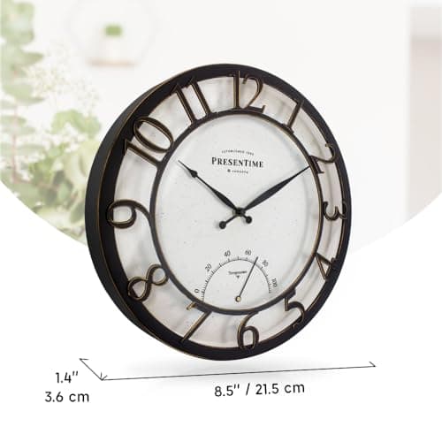 Presentime & Co 13" Farmhouse Outdoor Wall Clock w/Outdoor Thermometer, Cottage Style, Raised 3D Arabic Numerals, Oil Rubbed Bronze Finish (Wall Clock for Patio, Cottage, Poolside, Garden Spaces)