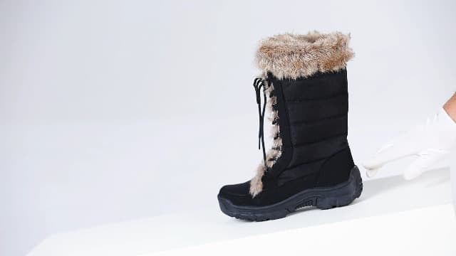 AUSLAND Women's Black Winter Snow Boots Twin Peaks Fur Cuff Mid-Calf Waterproof Lace Up Boots