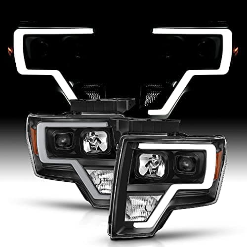 AmeriLite for 2009-2014 Ford F150 Truck LED Bar Square Projector Halogen Black Headlights Set High/Low Beam Bulb Included - Driver and Passenger Side