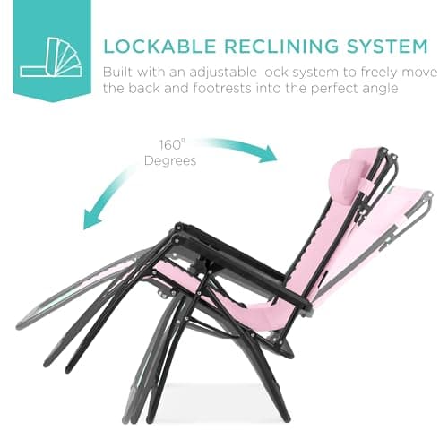 Best Choice Products Folding Zero Gravity Outdoor Recliner Patio Lounge Chair w/Adjustable Canopy Shade, Headrest, Side Accessory Tray, Textilene Mesh - Bubblegum Pink