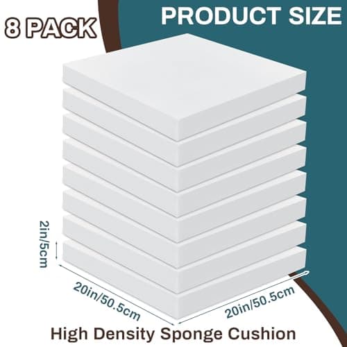 Frienda 8 Pack 2" x 20" x 20"Upholstery High Density Foam Cushion 50 ILD Replacement Square Cut to Size Foam Couch or Commercial Dinning Chair Couches Chair Padding DIY Projects