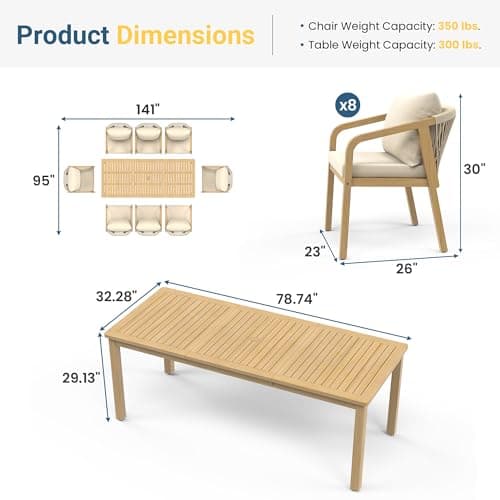Wisteria Lane 9 Pieces Acacia Outdoor Patio Table and Chairs Set for 8, Patio Outdoor Dining Table Set with Cushion, Modern Outdoor Patio Table Set for Lawn Backyard Garden Deck, Beige